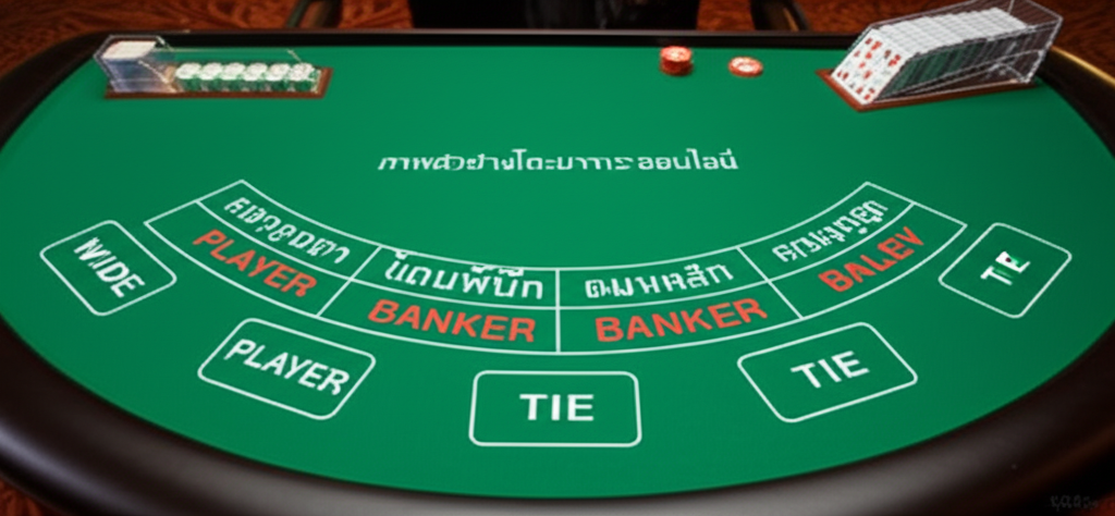 ภาพตัวอย่างโต๊ะบาคาร่าออนไลน์ที่แสดงพื้นที่เดิมพันหลัก ได้แก่ Player, Banker และ Tie