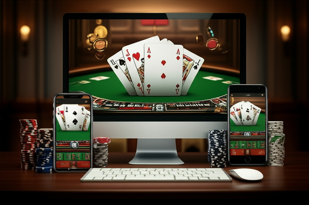 ภาพประกอบธีมบาคาร่าออนไลน์บนหน้าจอคอมพิวเตอร์และมือถือ พร้อมไพ่และชิปวางเรียงกันอย่างสวยงาม