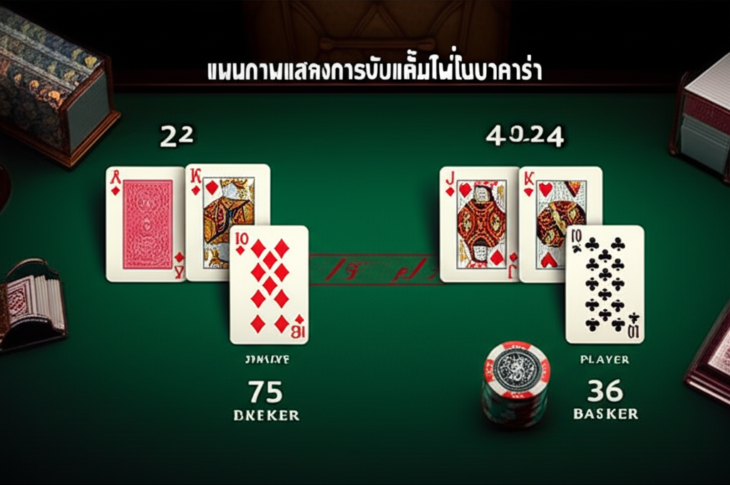 แผนภาพแสดงการนับแต้มไพ่ในบาคาร่า และตัวอย่างการแจกไพ่ระหว่างผู้เล่นกับเจ้ามือ