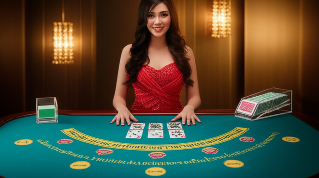 ภาพประกอบโต๊ะบาคาร่าออนไลน์แบบสด (Live Baccarat) ที่มีเจ้ามือจริงและไพ่สวยงาม