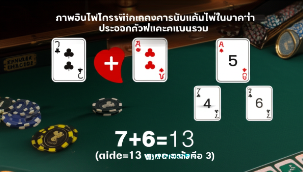 ภาพอินโฟกราฟิกแสดงการนับแต้มไพ่ในบาคาร่า ประกอบด้วยตัวอย่างไพ่และคะแนนรวม เช่น 7+6=13 (คะแนนจริงคือ 3)