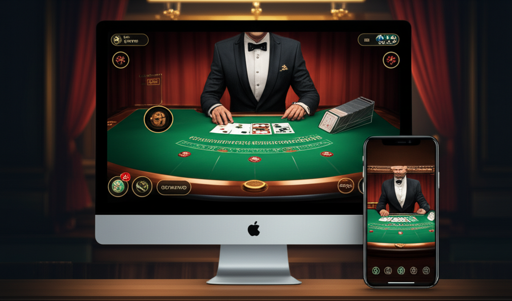 ภาพประกอบเกมบาคาร่าออนไลน์บนหน้าจอคอมพิวเตอร์และมือถือ แสดงโต๊ะบาคาร่าและไพ่