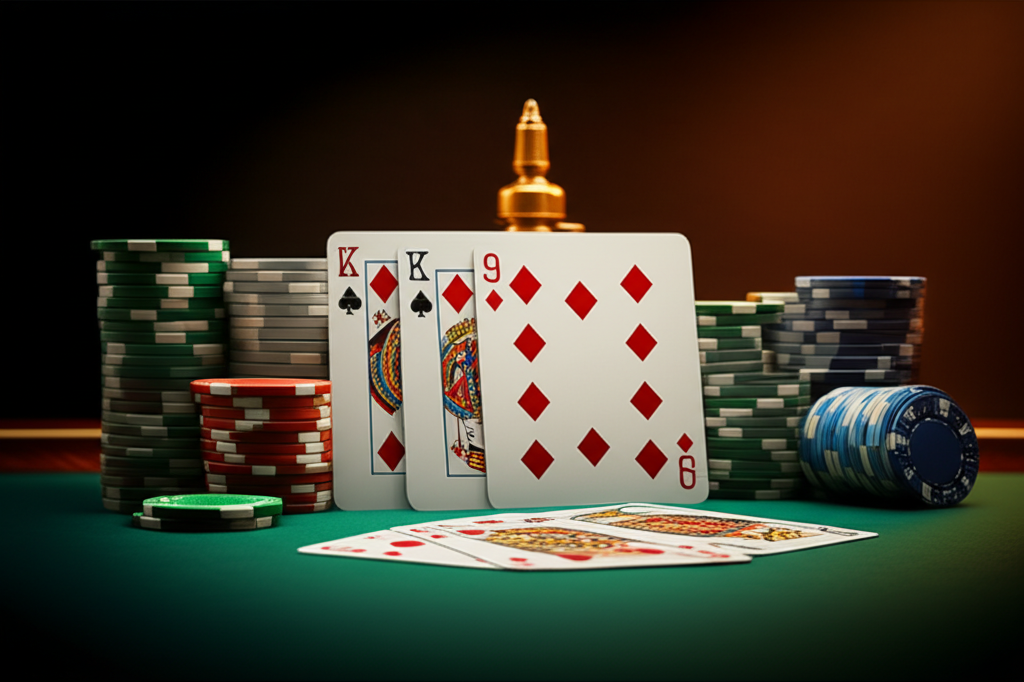 ภาพประกอบธีมบาคาร่าแสดงโต๊ะบาคาร่า ไพ่ และชิปเดิมพัน