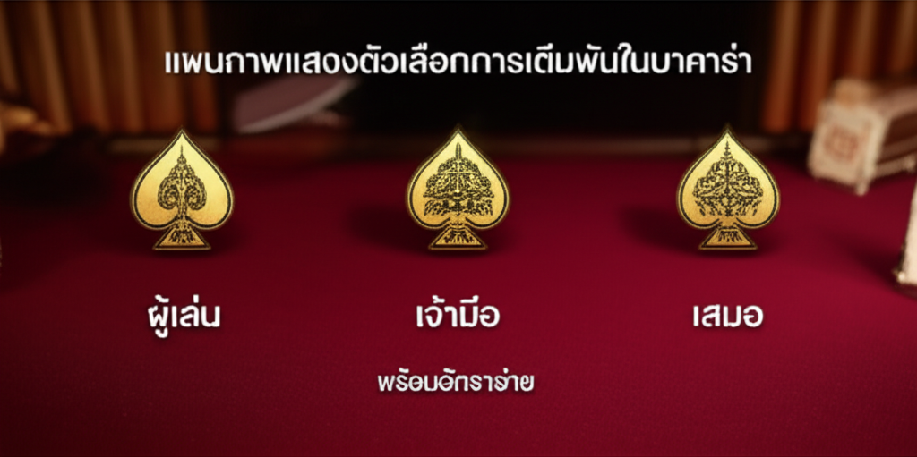 แผนภาพแสดงตัวเลือกการเดิมพันในบาคาร่า: ผู้เล่น, เจ้ามือ, เสมอ พร้อมอัตราจ่าย