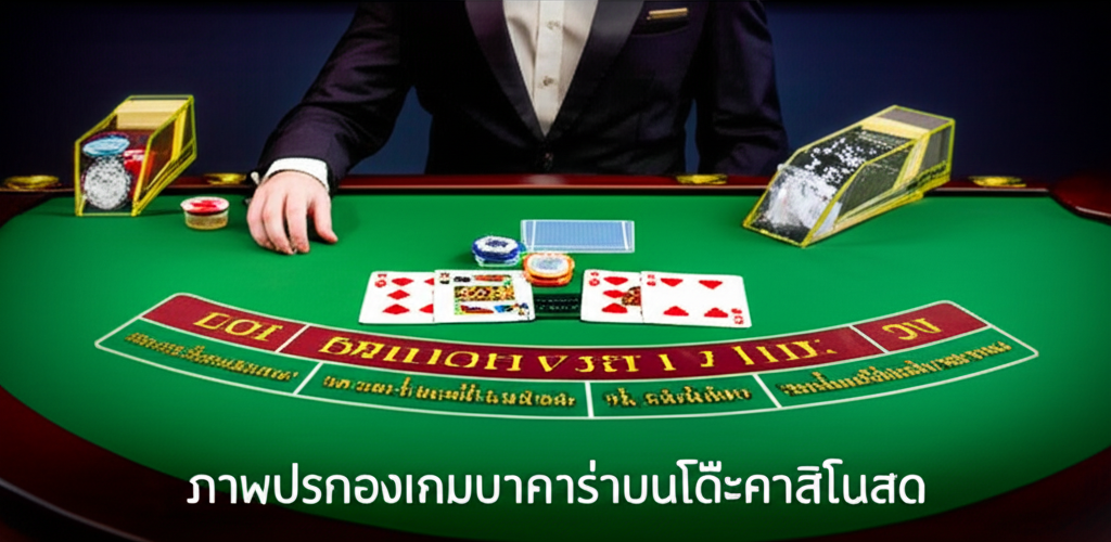 ภาพประกอบเกมบาคาร่าบนโต๊ะคาสิโนสด พร้อมไพ่และชิปวางเรียง
