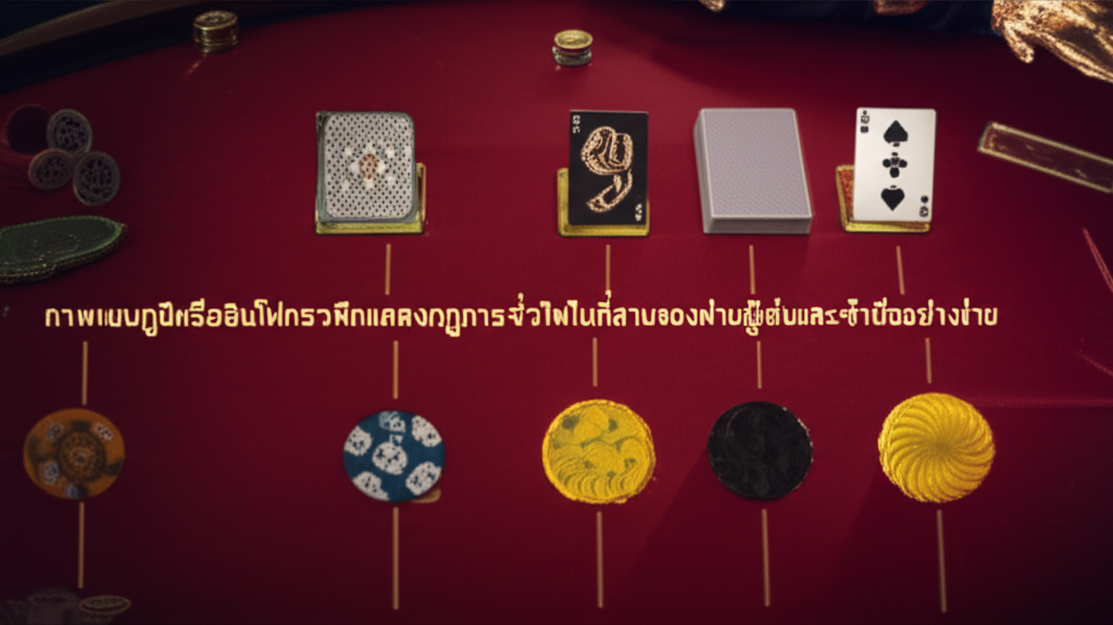 ภาพแผนภูมิหรืออินโฟกราฟิกแสดงกฎการจั่วไพ่ใบที่สามของฝ่ายผู้เล่นและเจ้ามืออย่างง่าย