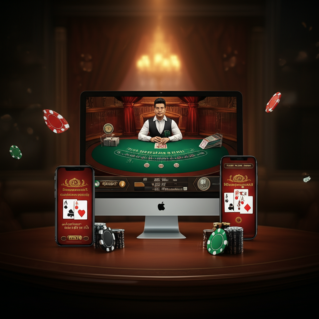 ภาพประกอบเกมบาคาร่าออนไลน์บนหน้าจอคอมพิวเตอร์และมือถือ แสดงโต๊ะบาคาร่าและไพ่