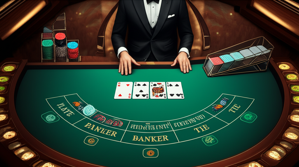 แผนภาพแสดงตำแหน่งการวางเดิมพันบนโต๊ะบาคาร่า: Player, Banker, Tie