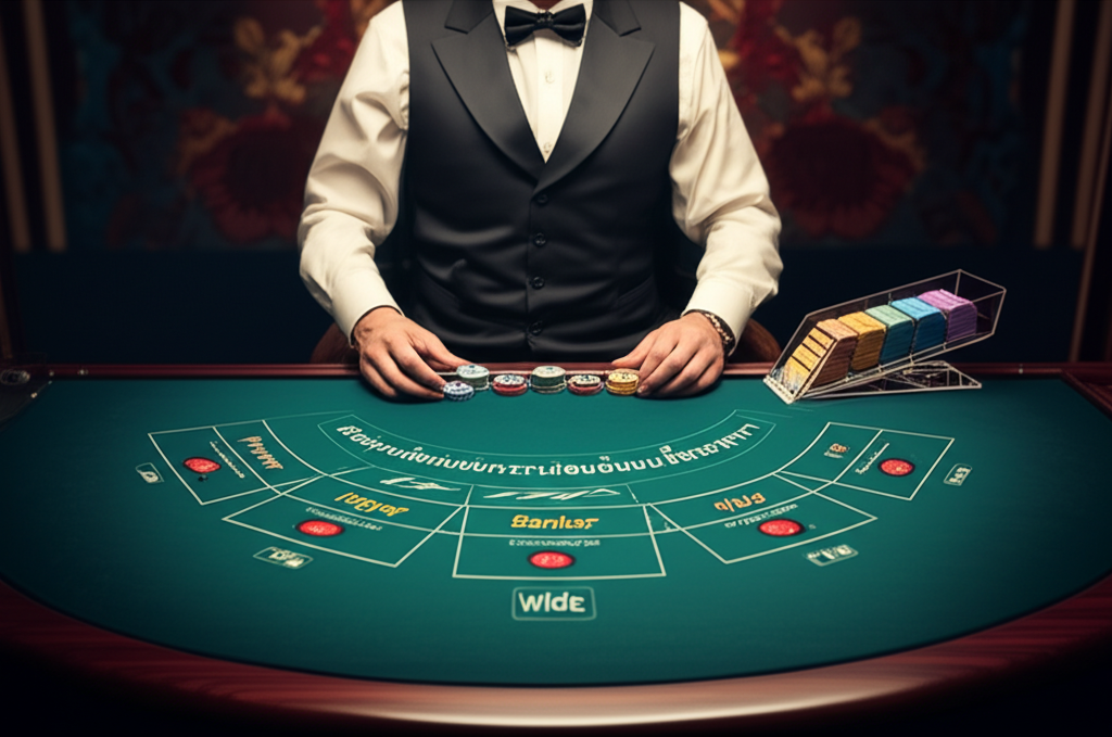 ตัวอย่างตำแหน่งการวางเดิมพันบนโต๊ะบาคาร่า: Player, Banker, Tie