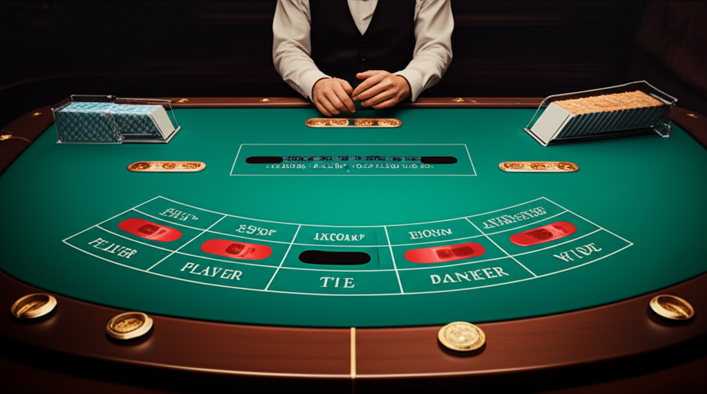 แผนภาพแสดงตำแหน่งการวางเดิมพันบนโต๊ะบาคาร่า: Player, Banker, Tie