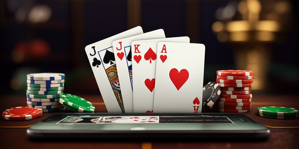 ภาพประกอบธีมบาคาร่าออนไลน์บนมือถือหรือคอมพิวเตอร์ แสดงการ์ดและชิปเดิมพัน