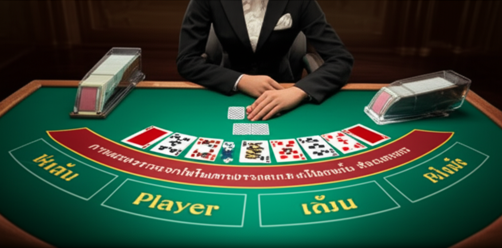 ภาพแสดงการแจกไพ่ในเกมบาคาร่า โดยมีตำแหน่ง 'ผู้เล่น' (Player) และ 'เจ้ามือ' (Banker) ชัดเจน