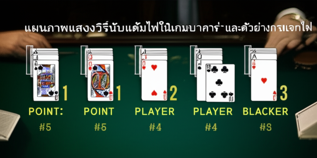 แผนภาพแสดงวิธีนับแต้มไพ่ในเกมบาคาร่า และตัวอย่างการแจกไพ่