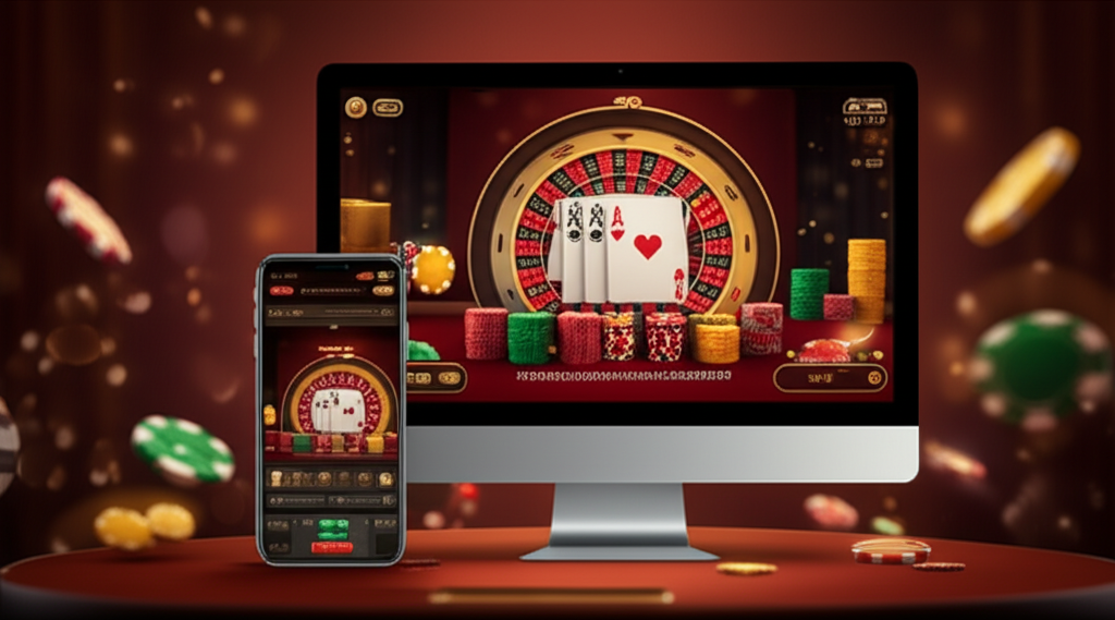 ภาพประกอบธีมบาคาร่าออนไลน์บนหน้าจอมือถือและคอมพิวเตอร์ แสดงการ์ดและชิปเดิมพัน