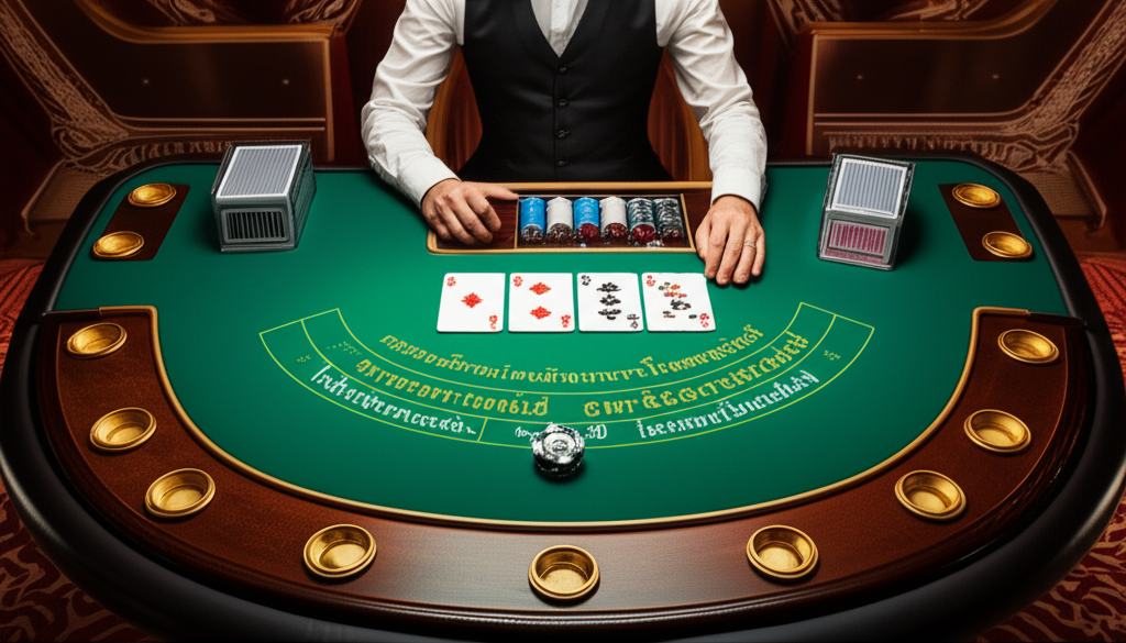 ภาพประกอบธีมบาคาร่าในคาสิโนออนไลน์ แสดงโต๊ะบาคาร่า ไพ่ และชิปเดิมพัน