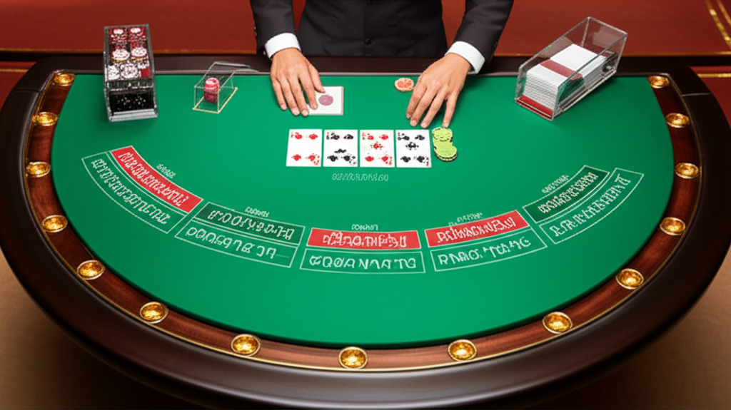 ภาพตัวอย่างการแจกไพ่และตำแหน่งการวางเดิมพันบนโต๊ะบาคาร่า