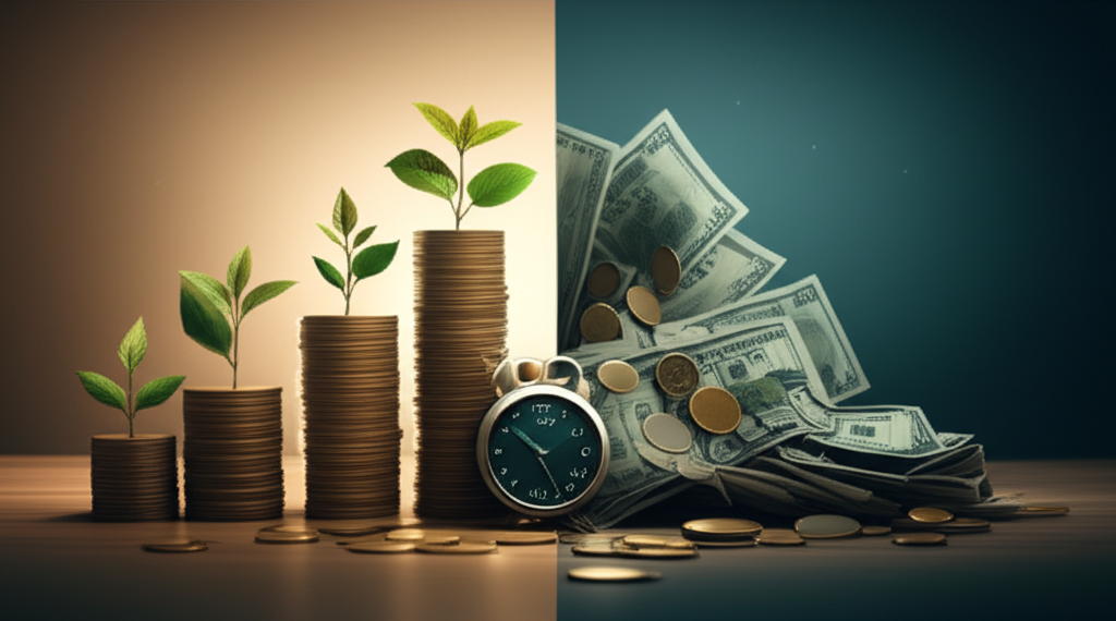 แผนภูมิแสดงความแตกต่างระหว่างผู้เล่นที่มีและไม่มีงบประมาณ ด้านหนึ่งแสดงภาพการเงินที่มั่นคง อีกด้านแสดงภาพความเครียดทางการเงิน