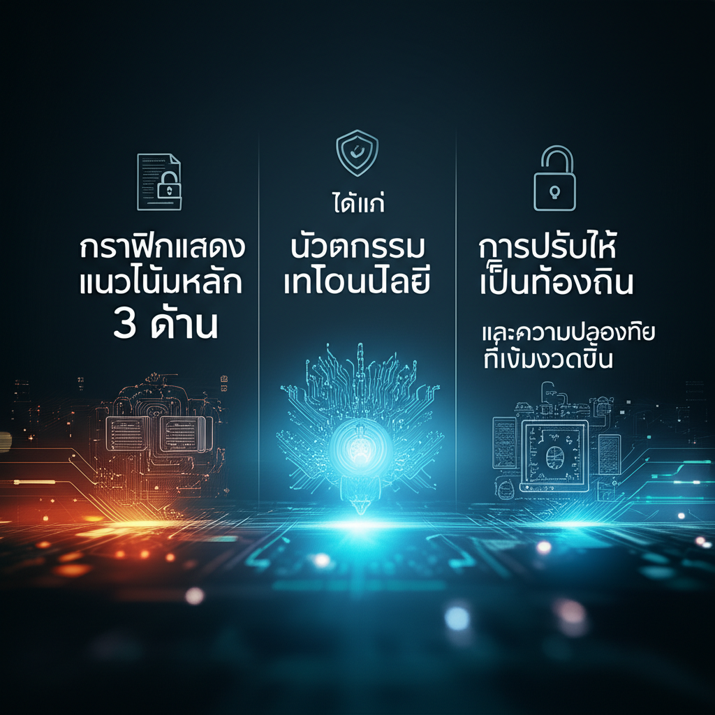 กราฟิกแสดงแนวโน้มหลัก 3 ด้าน ได้แก่ นวัตกรรมเทคโนโลยี การปรับให้เป็นท้องถิ่น และความปลอดภัยที่เข้มงวดขึ้น