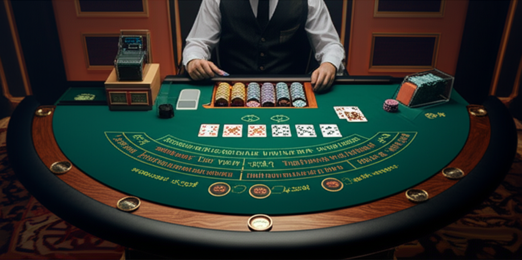 ภาพประกอบโต๊ะบาคาร่าในคาสิโนออนไลน์ พร้อมไพ่และชิปวางเรียงอย่างสวยงาม