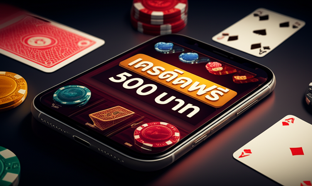 มือถือแสดงหน้าจอคาสิโนออนไลน์ที่มีข้อความ 'เครดิตฟรี 500 บาท' พร้อมเหรียญและไพ่เรียงรายอยู่รอบๆ