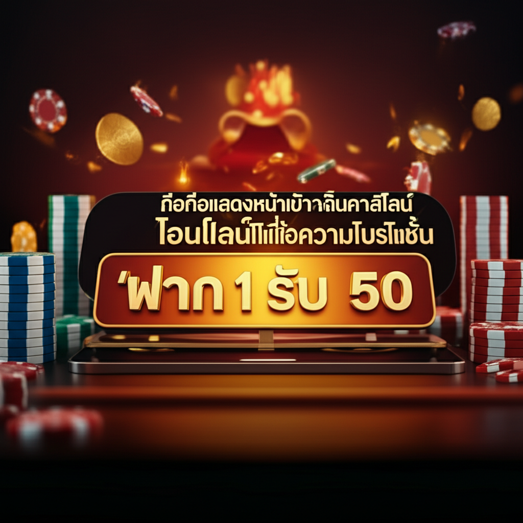 มือถือแสดงหน้าเว็บคาสิโนออนไลน์ที่มีข้อความโปรโมชั่น 'ฝาก 1 รับ 50' อย่างชัดเจน