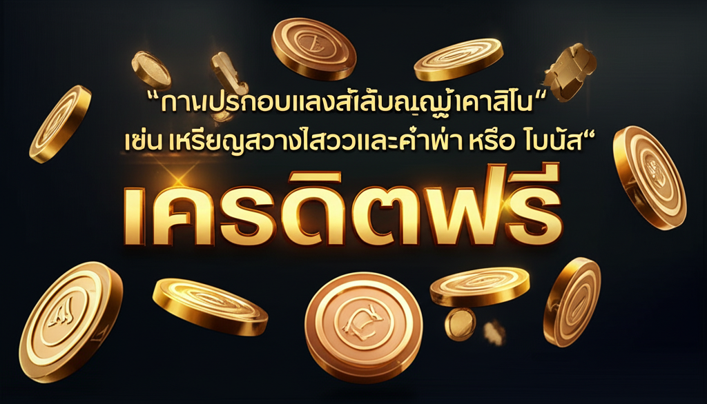 ภาพประกอบแสดงสัญลักษณ์โบนัสคาสิโน เช่น เหรียญสว่างไสวและคำว่า 'เครดิตฟรี' หรือ 'โบนัส'