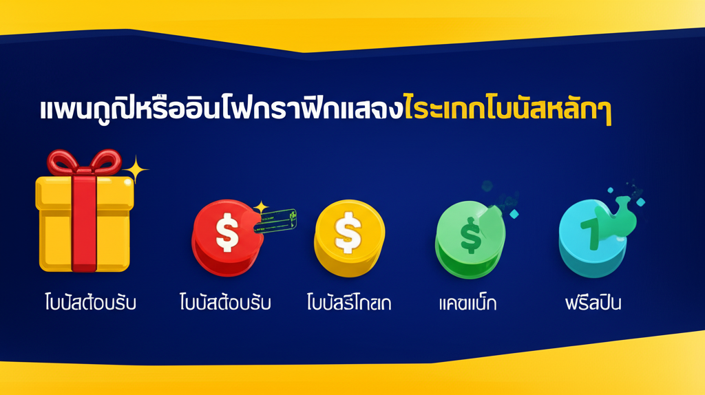 แผนภูมิหรืออินโฟกราฟิกแสดงประเภทโบนัสหลักๆ เช่น โบนัสต้อนรับ, โบนัสรีโหลด, แคชแบ็ค, ฟรีสปิน
