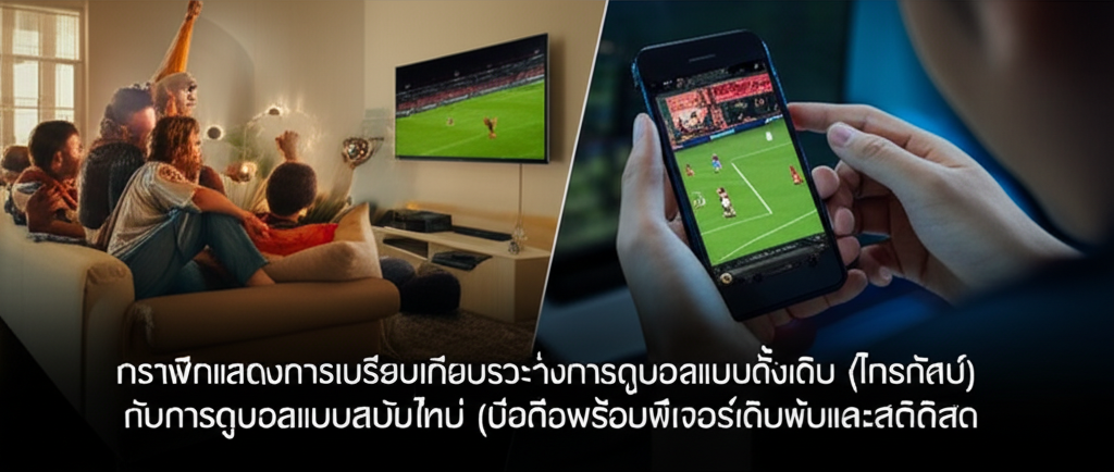 กราฟิกแสดงการเปรียบเทียบระหว่างการดูบอลแบบดั้งเดิม (โทรทัศน์) กับการดูบอลแบบสมัยใหม่ (มือถือพร้อมฟีเจอร์เดิมพันและสถิติสด)