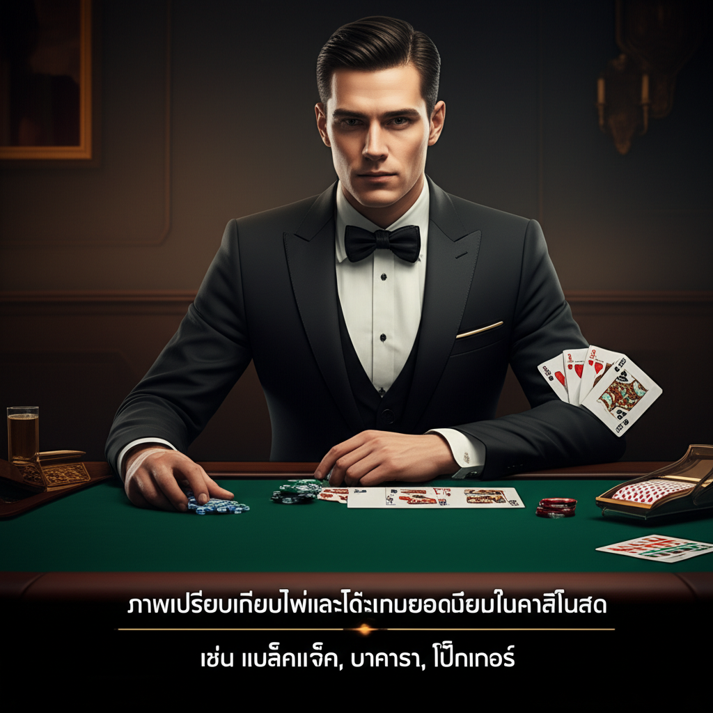 ภาพเปรียบเทียบไพ่และโต๊ะเกมยอดนิยมในคาสิโนสด เช่น แบล็คแจ็ค, บาคาร่า, โป๊กเกอร์