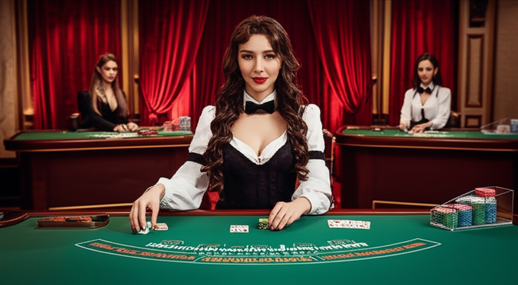 มุมมองจากผู้เล่นในเกมคาสิโนสด แสดงให้เห็นดีลเลอร์ที่กำลังแจกไพ่และหน้าจอที่มีข้อมูลการเดิมพัน