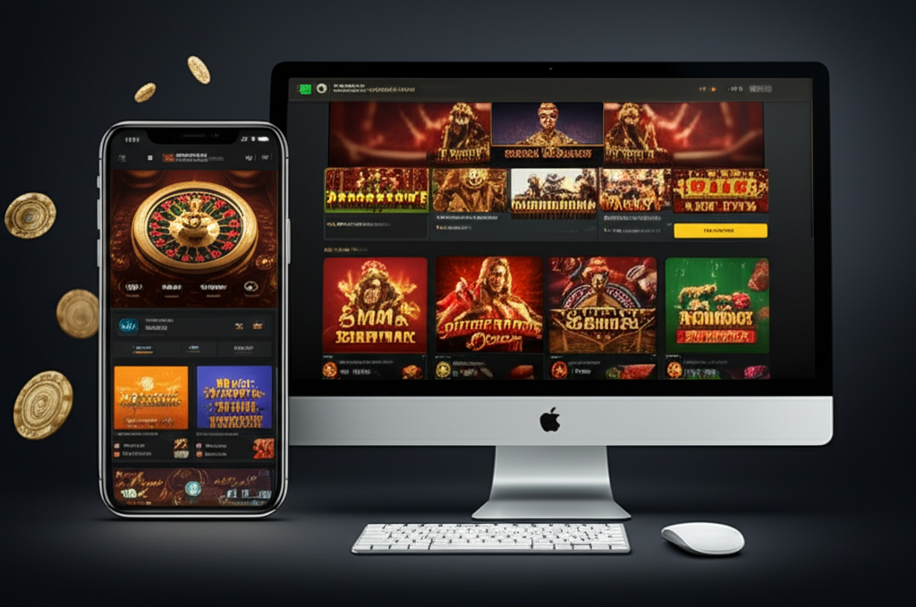 ภาพประกอบแสดงหน้าจอเปรียบเทียบแพลตฟอร์มคาสิโนออนไลน์ยอดนิยมบนหน้าจอมือถือและคอมพิวเตอร์
