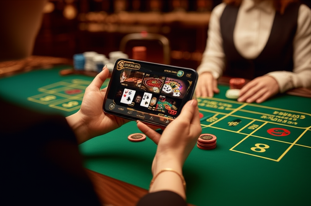 ภาพนักเล่นคาสิน่าสดกำลังพิจารณาเลือกเกมบนหน้าจอมือถืออย่างตั้งใจ บรรยากาศเป็นคาสิโนเสมือนจริงที่ดูหรูหรา