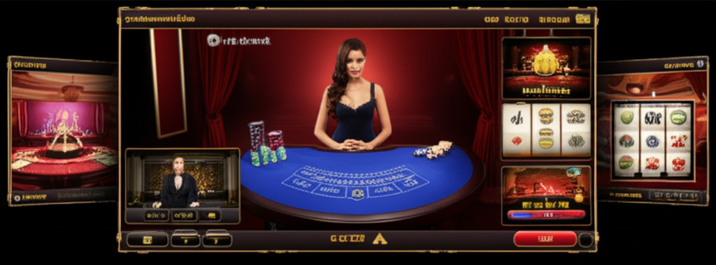 ภาพประกอบคาสิโนสดที่มีดีลเลอร์และเกมหลากหลาย เช่น บาคาร่า รูเล็ต และสล็อต อยู่บนหน้าจอเดียวกัน