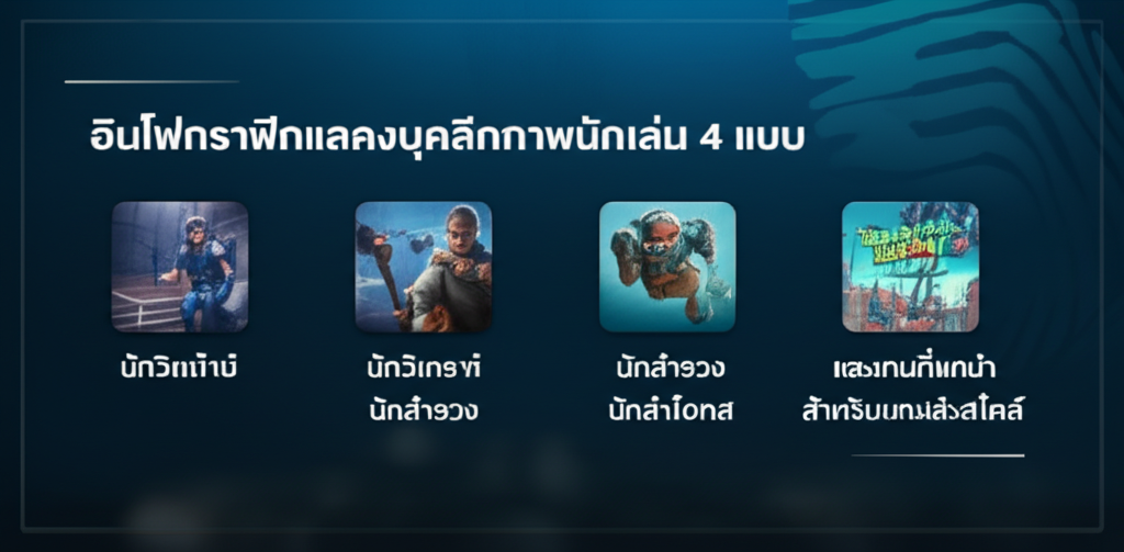 อินโฟกราฟิกแสดงบุคลิกภาพนักเล่น 4 แบบ (นักวิเคราะห์, นักสำรวจ, นักสังคม, นักล่าโอกาส) และเกมที่แนะนำสำหรับแต่ละสไตล์