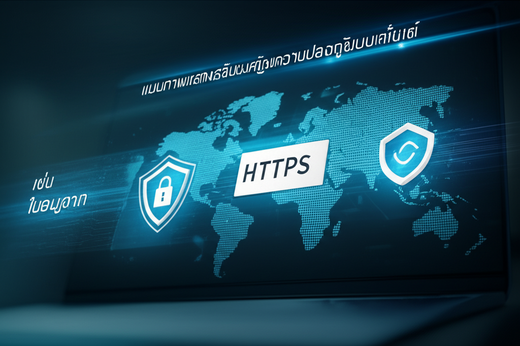 แผนภาพแสดงสัญลักษณ์ความปลอดภัยบนเว็บไซต์ เช่น HTTPS, ใบอนุญาต, และการเข้ารหัสข้อมูล