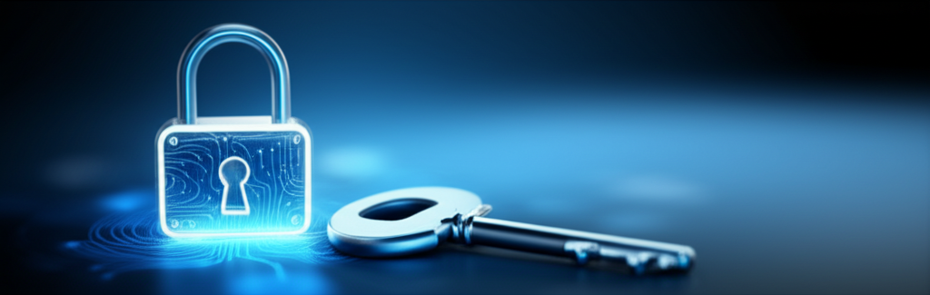ภาพประกอบที่แสดงสัญลักษณ์ของความปลอดภัยและความน่าเชื่อถือในโลกออนไลน์ เช่น กุญแจ ล็อค บนพื้นหลังสีฟ้า