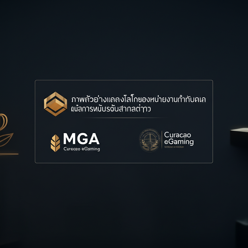 ภาพตัวอย่างแสดงโลโก้ของหน่วยงานกำกับดูแลการพนันระดับสากลต่างๆ เช่น MGA, Curacao eGaming