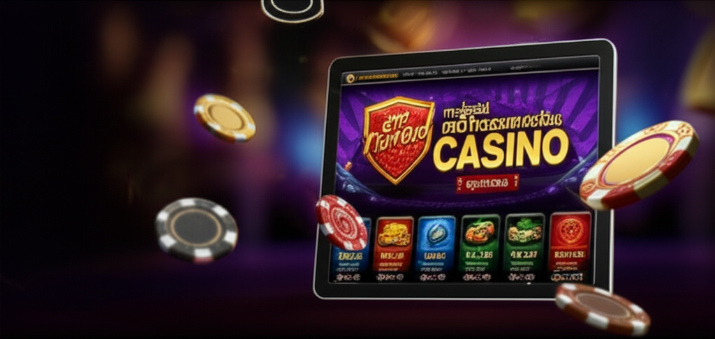 ภาพประกอบแสดงหน้าจอเว็บคาสิโนออนไลน์ที่ดูทันสมัยและน่าเชื่อถือ พร้อมสัญลักษณ์ความปลอดภัยต่างๆ