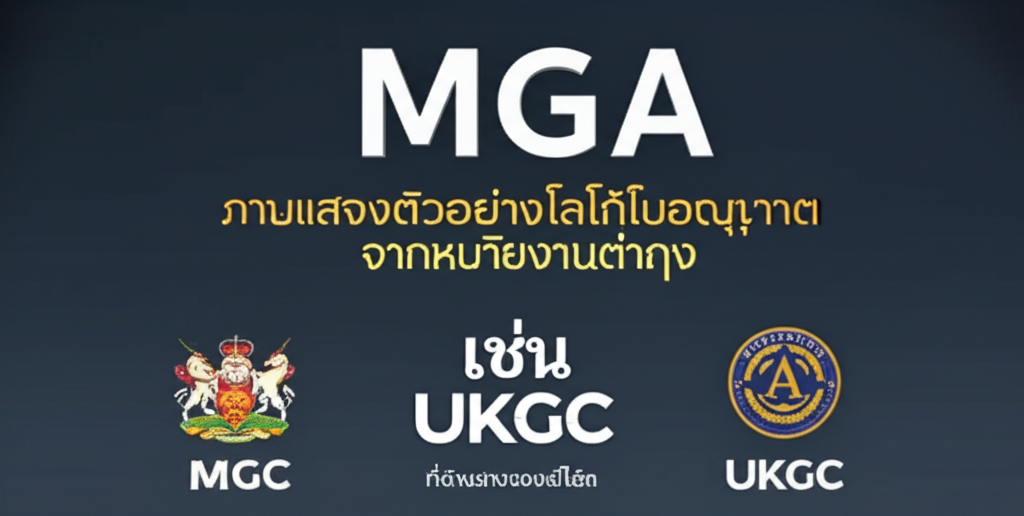 ภาพแสดงตัวอย่างโลโก้ใบอนุญาตจากหน่วยงานต่างๆ เช่น MGA, UKGC ที่ด้านล่างของเว็บไซต์