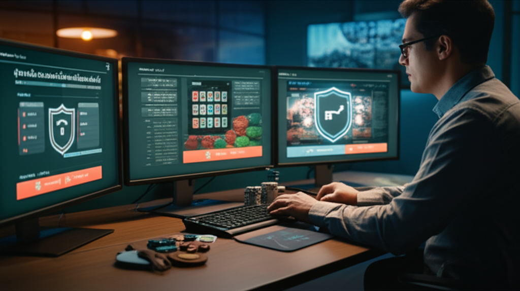 ผู้ชายกำลังตรวจสอบเว็บไซต์คาสิโนออนไลน์บนหน้าจอคอมพิวเตอร์หลายหน้าจอ พร้อมสัญลักษณ์กุญแจและโล่ความปลอดภัย