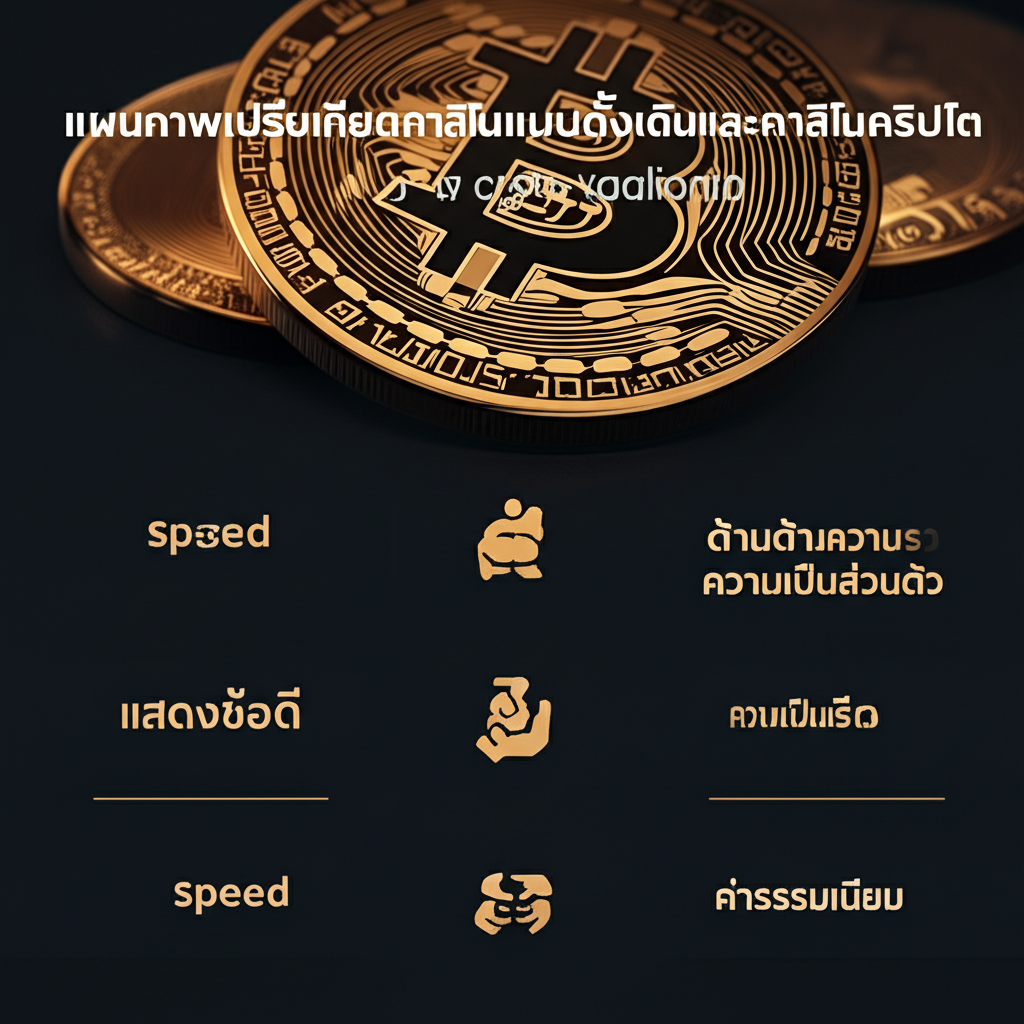 แผนภาพเปรียบเทียบคาสิโนแบบดั้งเดิมและคาสิโนคริปโต แสดงข้อดีในด้านความเร็ว ความเป็นส่วนตัว และค่าธรรมเนียม