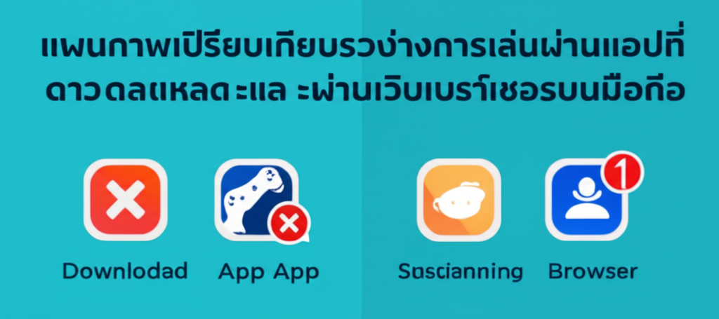 แผนภาพเปรียบเทียบระหว่างการเล่นผ่านแอปที่ดาวน์โหลดและผ่านเว็บเบราว์เซอร์บนมือถือ