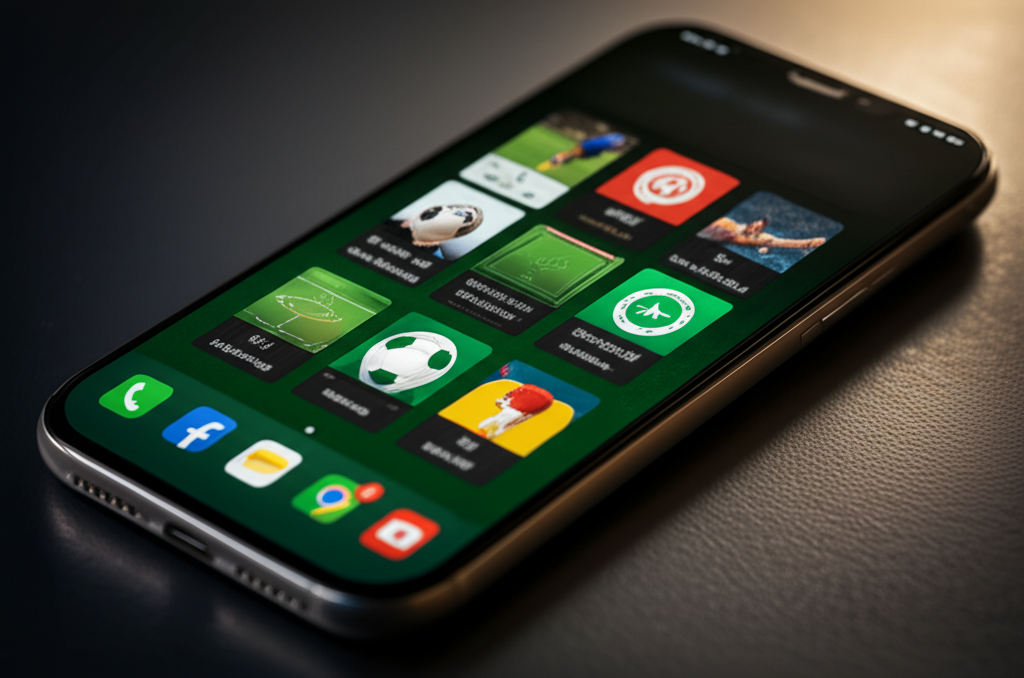 มือถือแสดงแอพติดตามผลบอลสดหลายแอพบนหน้าจอ พร้อมสถิติและผลการแข่งขันแบบเรียลไทม์