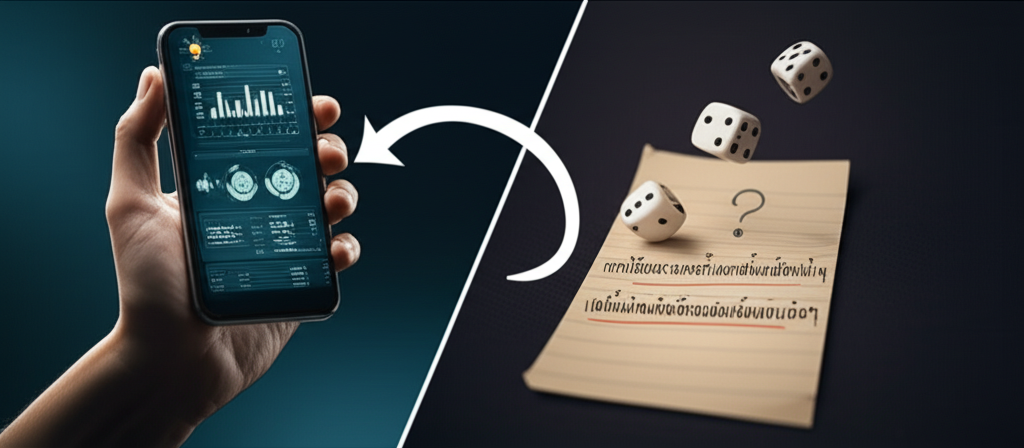 ภาพอินโฟกราฟิกแสดงการวิเคราะห์ข้อมูลจากแอพก่อนตัดสินใจ เปรียบเทียบกับการเดิมพันแบบมั่วๆ