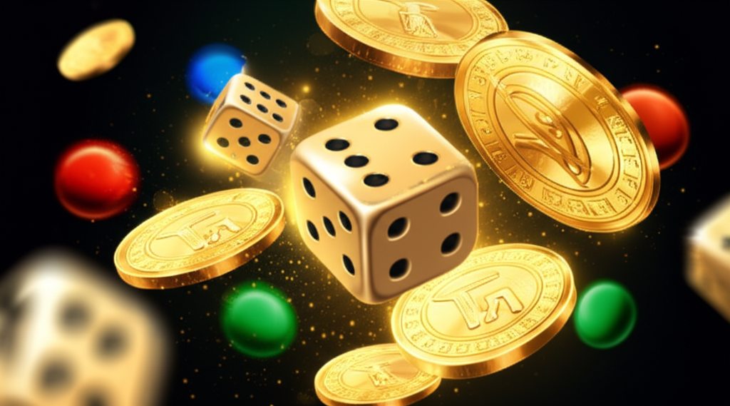 ภาพประกอบสัญลักษณ์ของโบนัสคาสิโน เช่น เหรียญสว่างไสวและลูกเต๋า อยู่บนพื้นหลังสีเข้ม แสดงถึงโอกาสและข้อเสนอพิเศษ