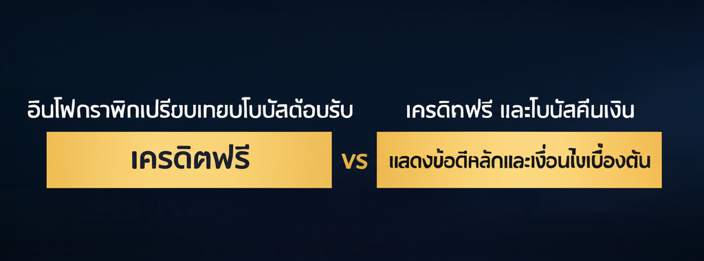 อินโฟกราฟิกเปรียบเทียบโบนัสต้อนรับ เครดิตฟรี และโบนัสคืนเงิน แสดงข้อดีหลักและเงื่อนไขเบื้องต้น
