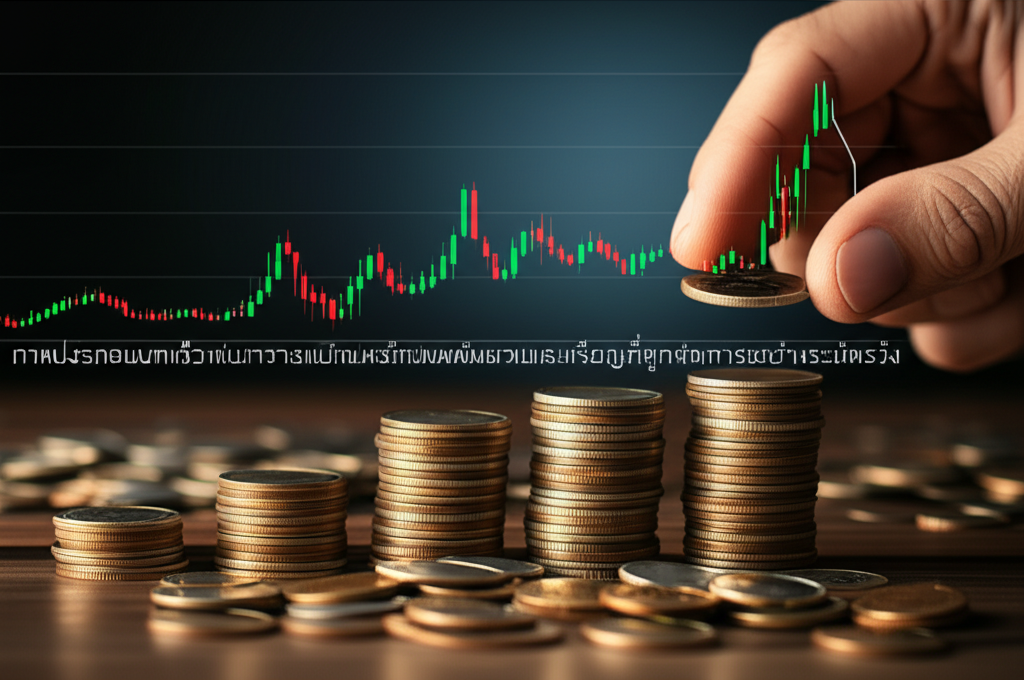 ภาพประกอบบทความเกี่ยวกับการวางแผนการเงินและการเดิมพันในคาสิโน แสดงกราฟเศรษฐกิจผันผวนและเหรียญที่ถูกจัดการอย่างระมัดระวัง