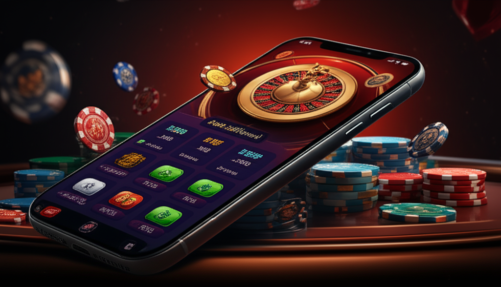 มือถือแสดงแอปคาสิโนออนไลน์พร้อมกราฟแสดงงบประมาณและการเดิมพัน