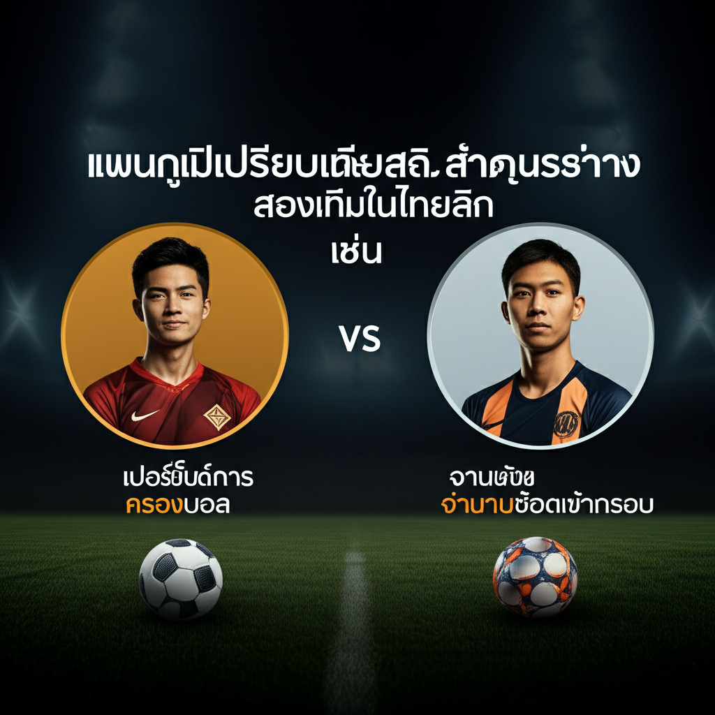 แผนภูมิเปรียบเทียบสถิติสำคัญระหว่างสองทีมในไทยลีก เช่น เปอร์เซ็นต์การครองบอล, จำนวนช็อตเข้ากรอบ