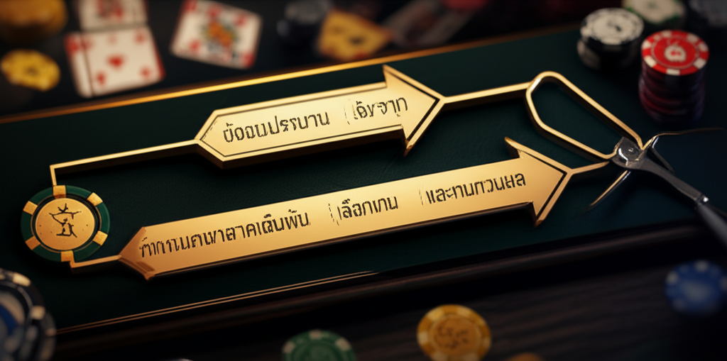 แผนภูมิแสดงขั้นตอนการจัดการเงินทุน เริ่มจากตั้งงบประมาณ กำหนดขนาดเดิมพัน เลือกเกม และทบทวนผล